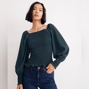 Madewell Lucie Bubble-Sleeve Smocked Blouse - Dark Palm - XS